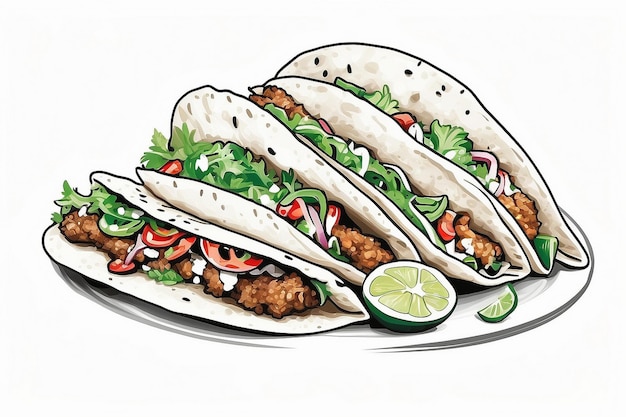 a drawing of a chicken taco with a drawing of a lemon wedge