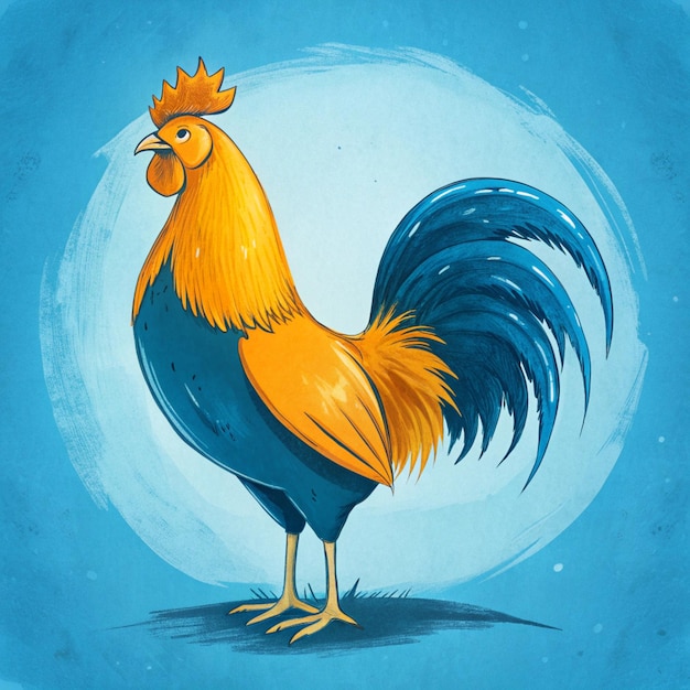 a drawing of a chicken with a blue background with the words rooster