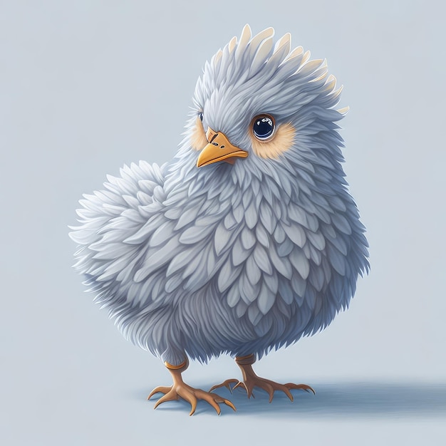 A drawing of a chicken with a blue feather on its head.