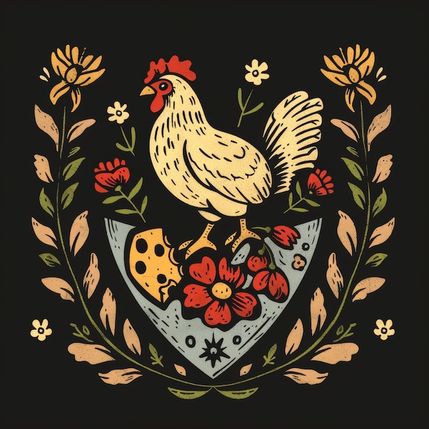 a drawing of a chicken with flowers and a shield with a hen on it