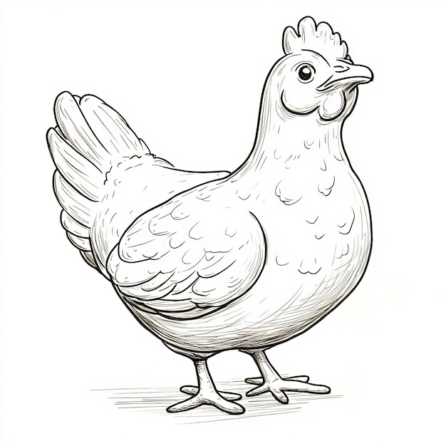 A drawing of a chicken with a yellow beak and a white background