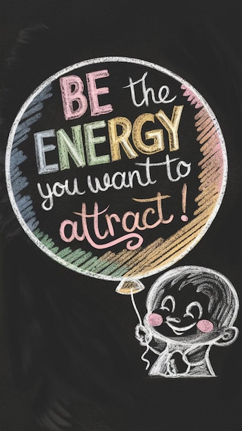 A drawing of a child with a balloon that says be the energy you want to get to attract