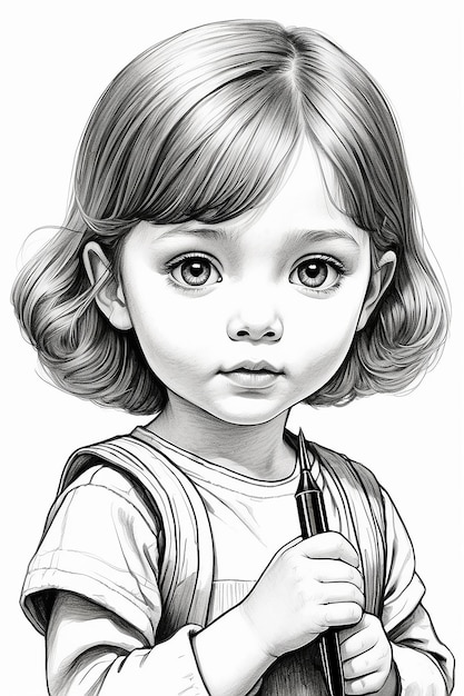 A drawing of a child with a pen in her hand