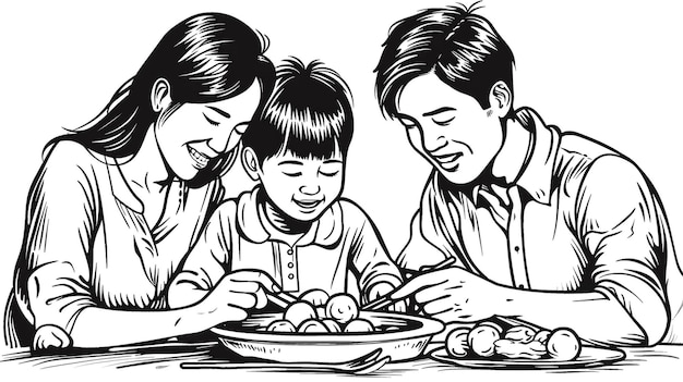 a drawing of a child with a plate of eggs and a child with a woman and a child with a knife