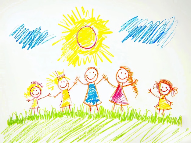 A drawing of children holding hands and sun