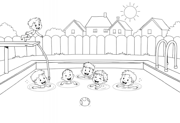 Photo a drawing of children playing in a children  s pool with a boy on a ladder