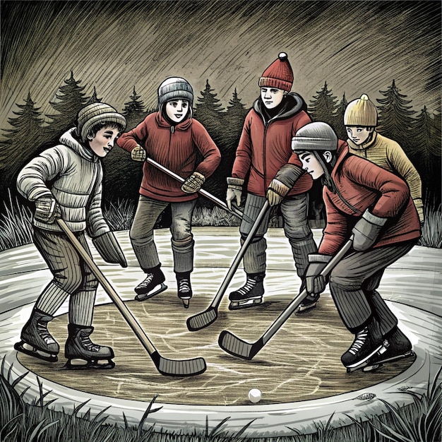 Photo a drawing of children playing hockey in a pond with trees in the background