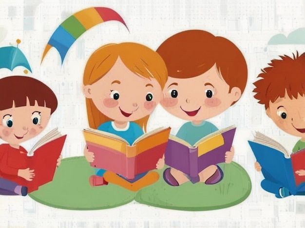 a drawing of children reading books with a rainbow book