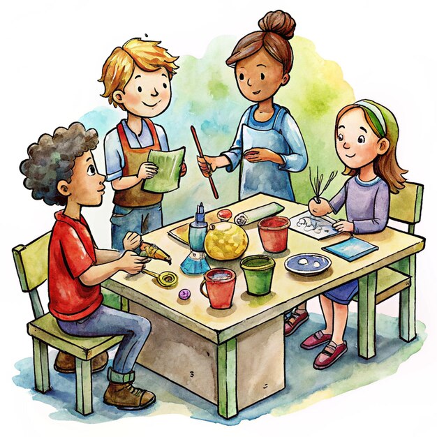 Photo a drawing of children at a table with a book titled quot children quot