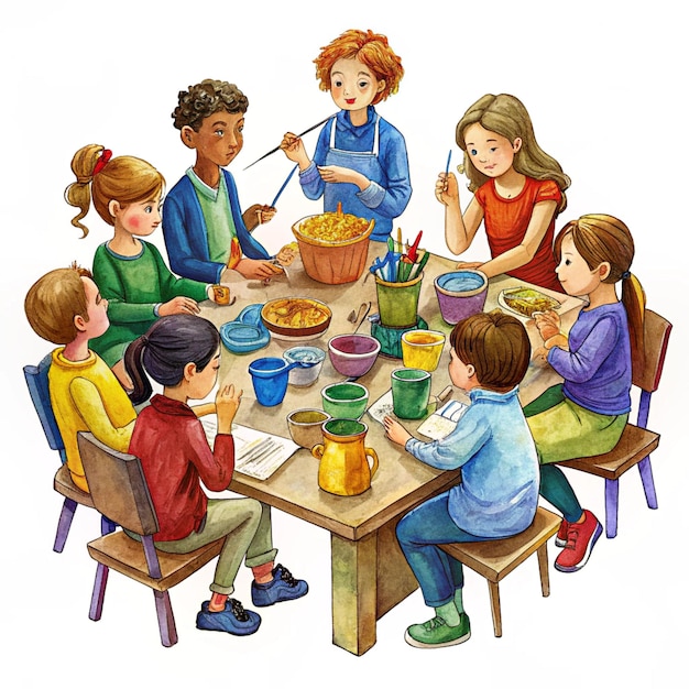 a drawing of children at a table with a bowl of food