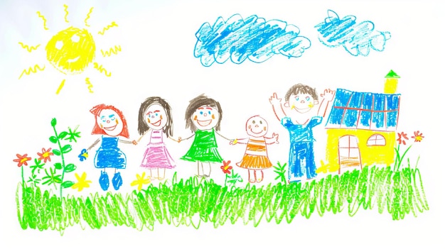 Photo a drawing of children with a house and sun