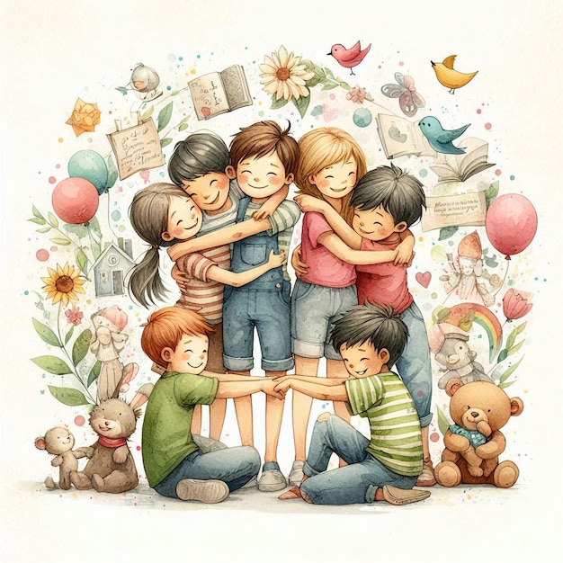 a drawing of children with one of them holding a book with the word children on it