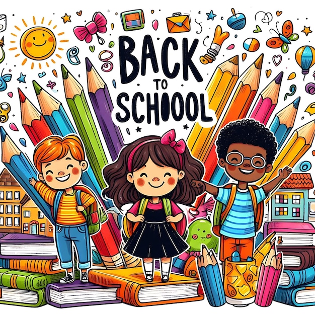 a drawing of children with a picture of a school with the words back to school written on it