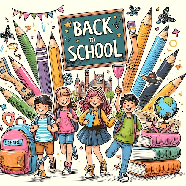 a drawing of children with a sign that says back to school