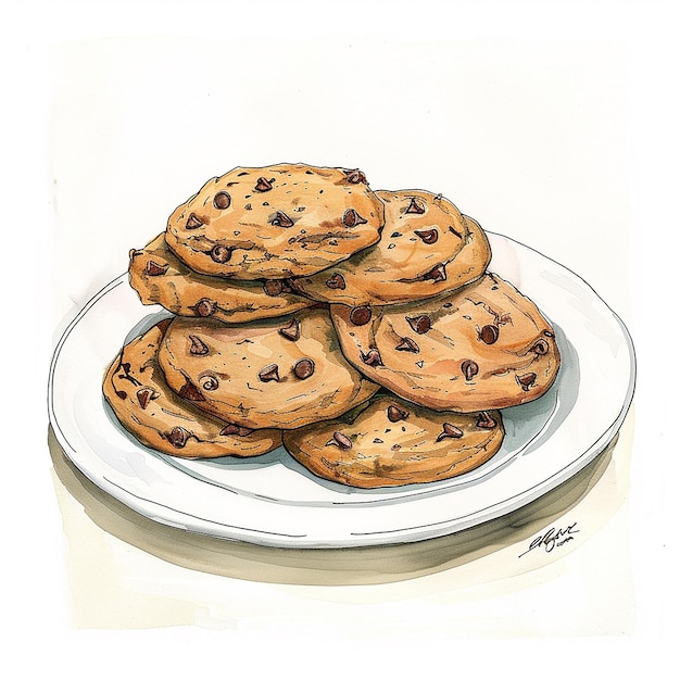 a drawing of a chocolate chip cookie on a plate