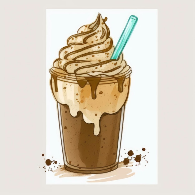 A drawing of a chocolate frappuccino with a blue straw.