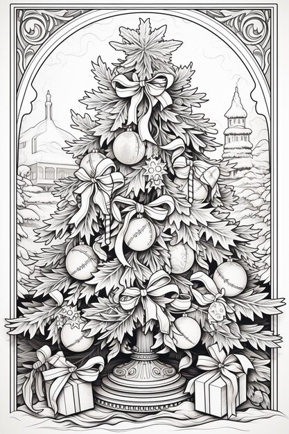 a drawing of a christmas tree with ornaments and gifts generative ai