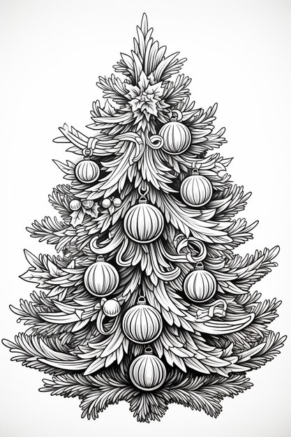 a drawing of a christmas tree with ornaments on it generative ai