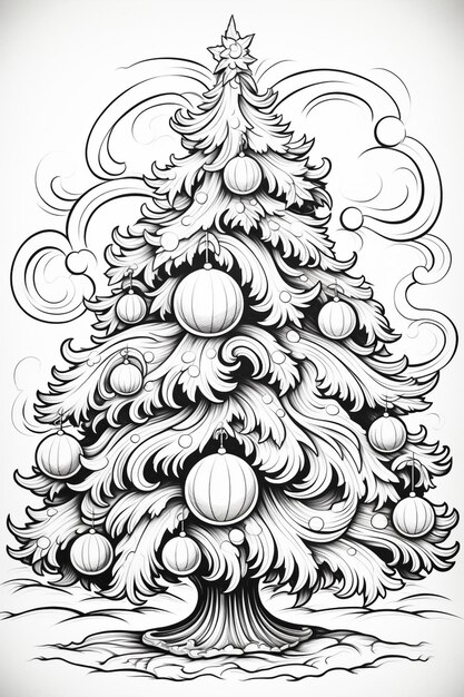 a drawing of a christmas tree with ornaments and ornaments generative ai