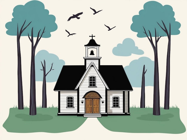 a drawing of a church with birds flying above it