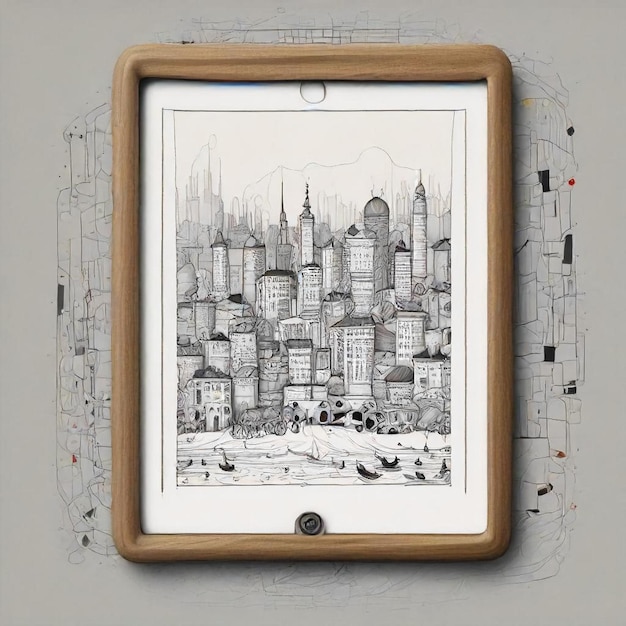 a drawing of a city in a frame that says  city