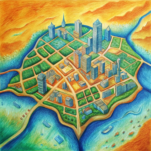 a drawing of a city with a city on it