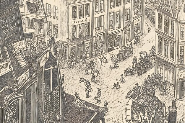 Photo a drawing of a city with a horse and carriage