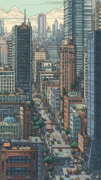 A drawing of a cityscape with a cityscape in the background.