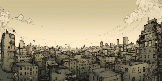 A drawing of a cityscape with a cityscape in the background.