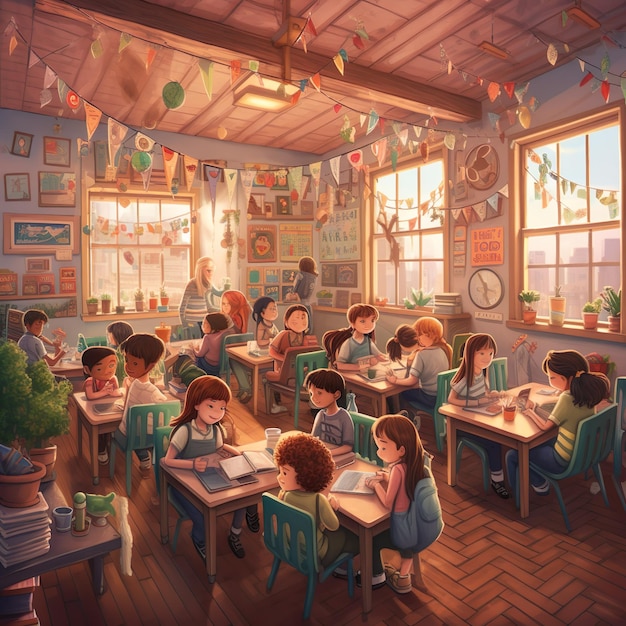 A drawing of a classroom with a cat on the wall