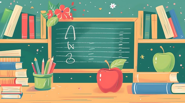 Photo a drawing of a classroom with a green chalkboard with a picture of an apple and a book with the letter a on it