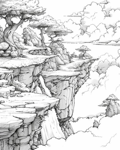 a drawing of a cliff with a tree on top of it generative ai