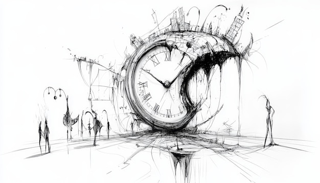 A drawing of a clock with a drawing of a city scene