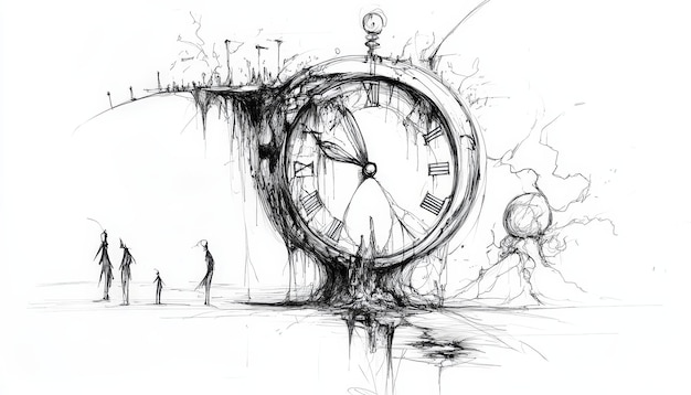 Photo a drawing of a clock with a drawing of a man and a woman in the background