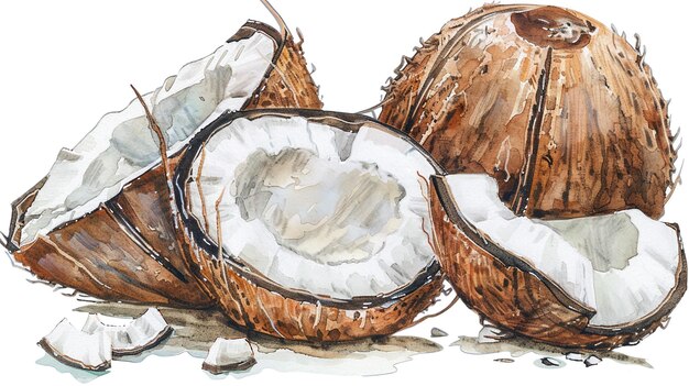 a drawing of coconuts with a watercolor and a pencil drawing of a coconut