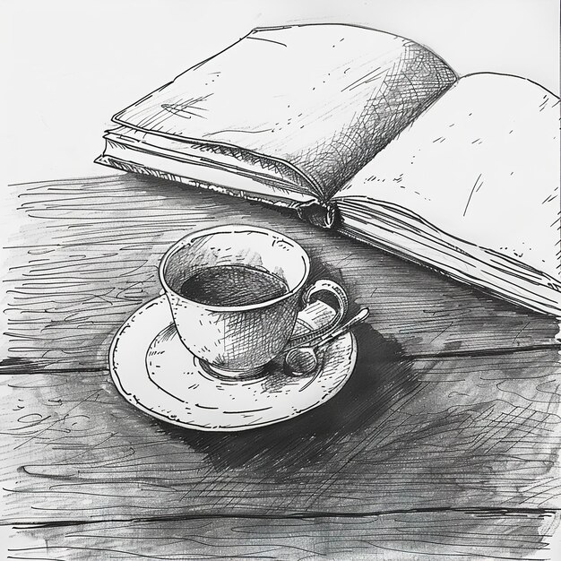 a drawing of a coffee cup and saucer with a book that says  coffee