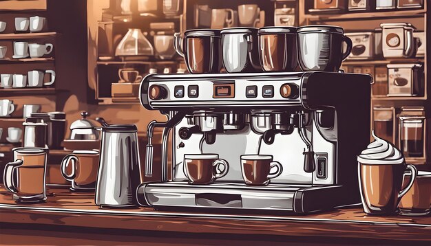 a drawing of a coffee maker with several coffee cups on the top