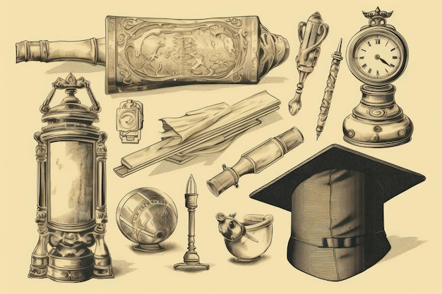 Photo a drawing of a collection of antique items including a clock and a fountain