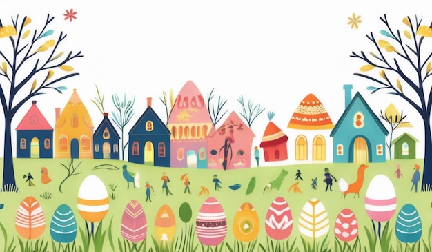 a drawing of a colorful easter scene with a house and easter eggs