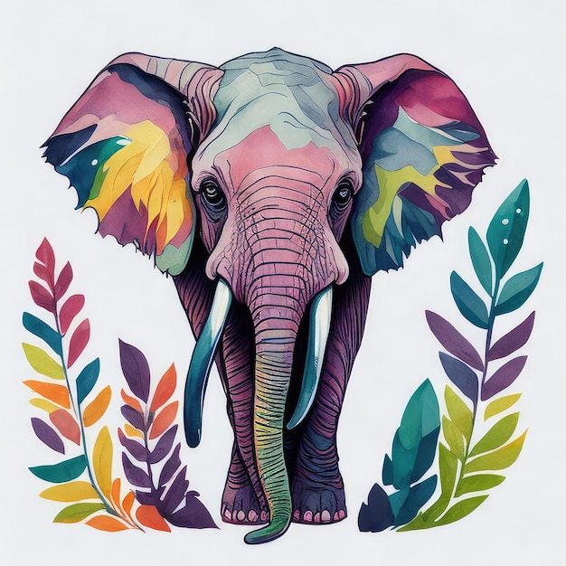 A drawing of a colorful elephant with a large tusk.