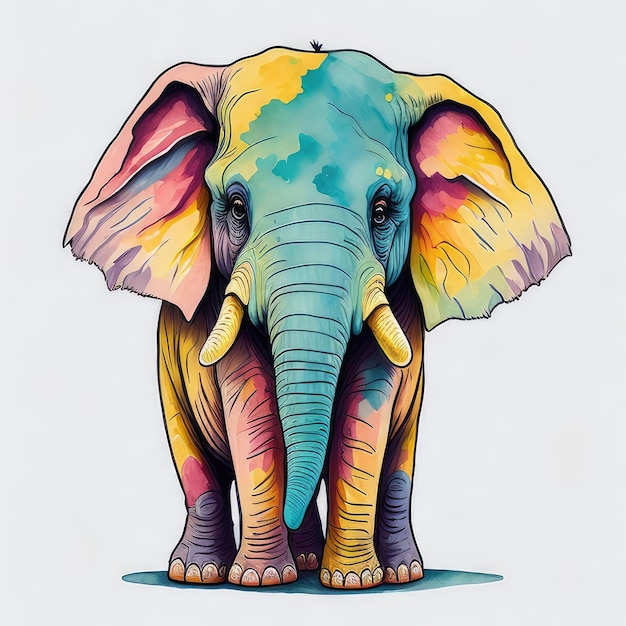 A drawing of a colorful elephant with a yellow nose and blue eyes.