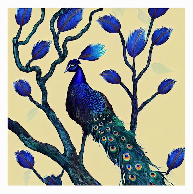 Drawing colorful peacocks in tree branches at landscape background. 3d digital art