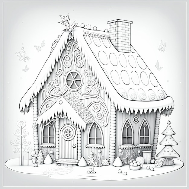 Drawing for coloring fabulous gingerbread house closeup black and white illustration