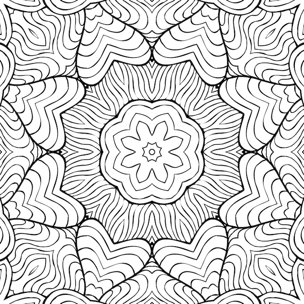 Drawing Coloring Page antistress, black and white symmetrical flower drawing. Monochrome Floral Background. Hand Drawn Ornament with Flowers, Relaxing Coloring book. Curls mandala meditative drawing