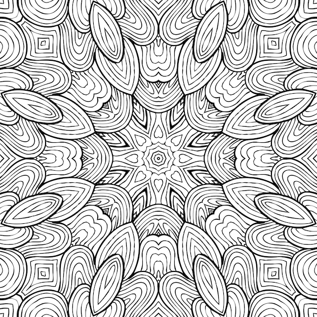 Drawing Coloring Page antistress, black and white symmetrical flower drawing. Monochrome Floral Background. Hand Drawn Ornament with Flowers, Relaxing Coloring book. Curls mandala meditative drawing