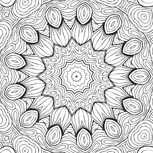 Drawing Coloring Page antistress, black and white symmetrical flower drawing. Monochrome Floral Background. Hand Drawn Ornament with Flowers, Relaxing Coloring book. Curls mandala meditative drawing