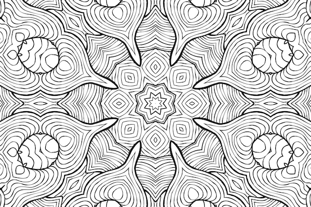 Drawing Coloring Page antistress, black and white symmetrical flower drawing. Monochrome Floral Background. Hand Drawn Ornament with Flowers, Relaxing Coloring book. Curls mandala meditative drawing