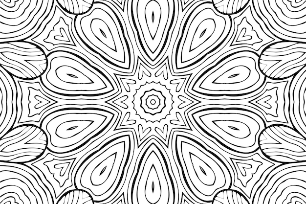 Drawing Coloring Page antistress black and white symmetrical flower drawing Monochrome Floral Background Hand Drawn Ornament with Flowers Relaxing Coloring book Curls mandala meditative drawing