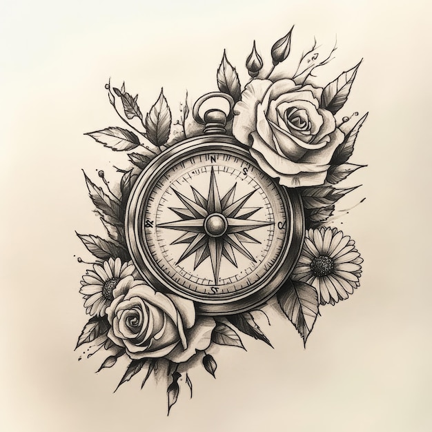 Photo a drawing of a compass with roses and the word compass on it