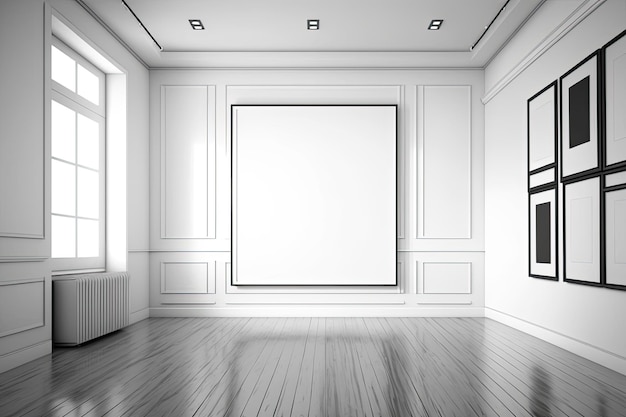 Drawing of a contemporary empty space with a wooden floor and huge white walls